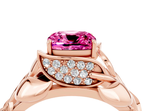 Rose gold Cushion Cut Solitaire Leaf-Inspired Engagement Ring with Prong Setting_4