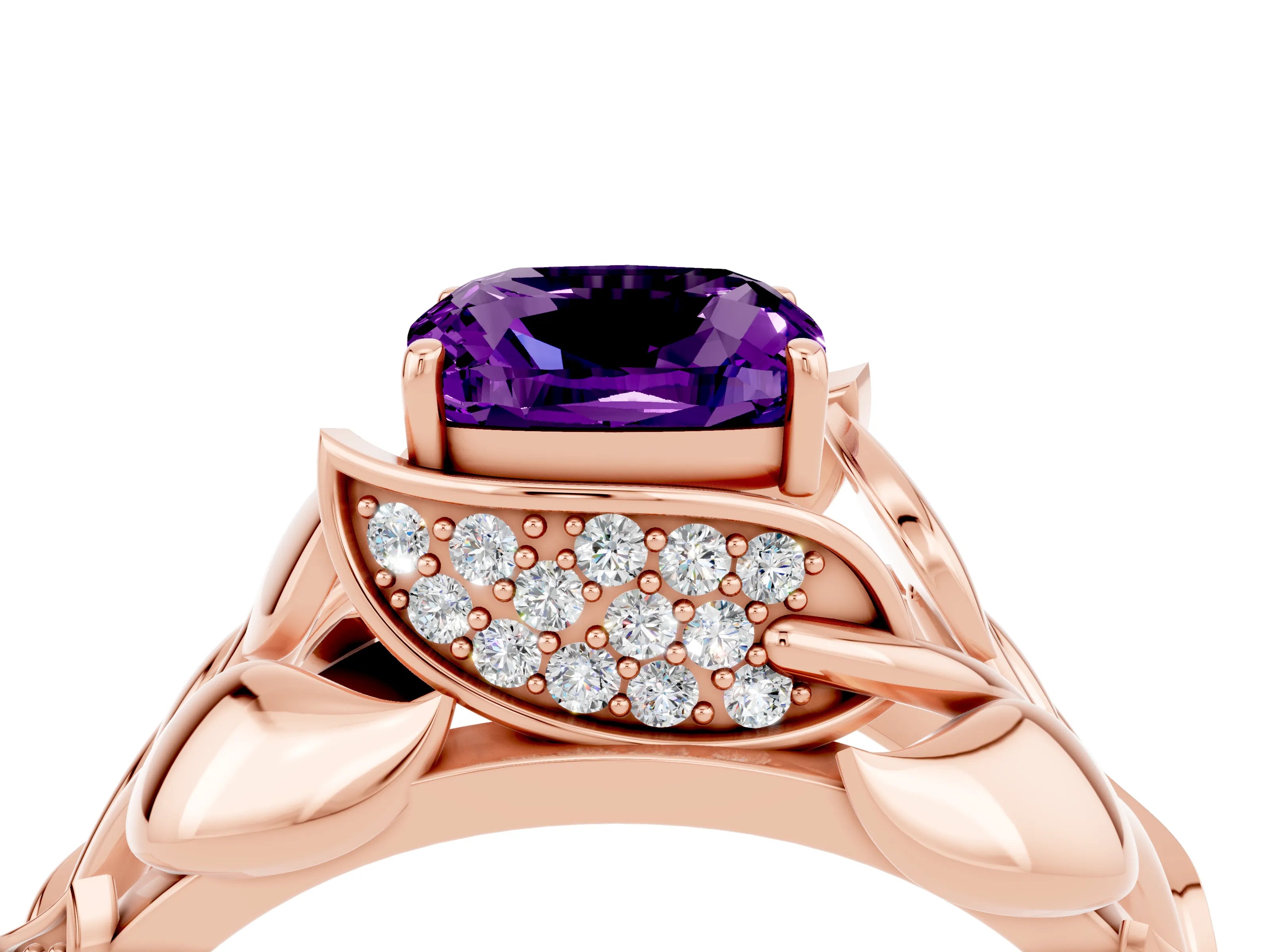 Rose gold Cushion Cut Solitaire Leaf-Inspired Engagement Ring with Prong Setting_4