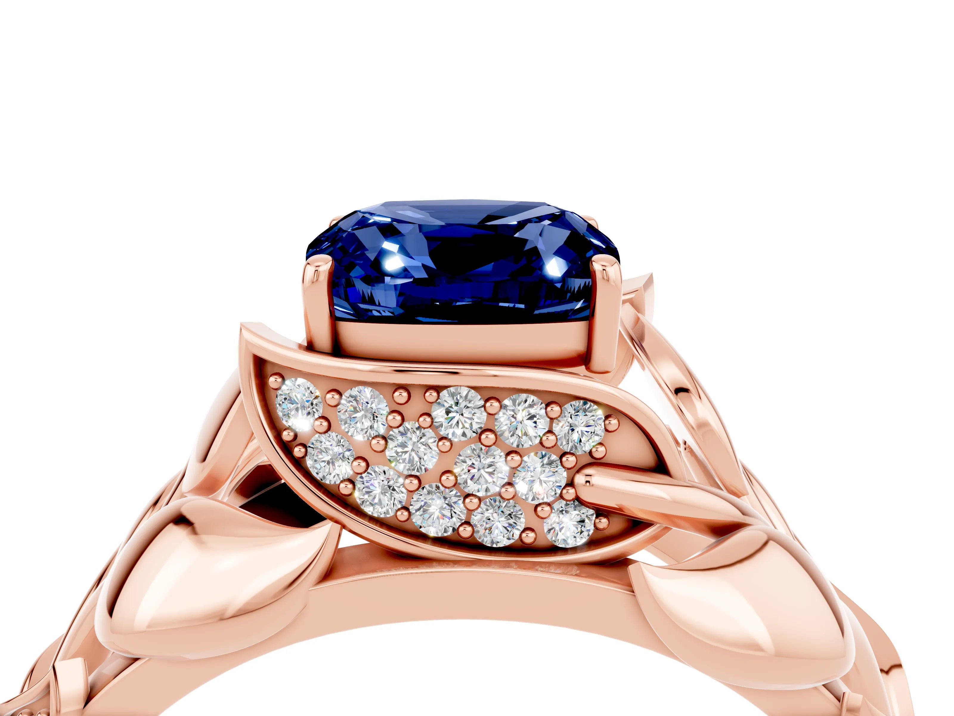 Rose gold Cushion Cut Solitaire Leaf-Inspired Engagement Ring with Prong Setting_4