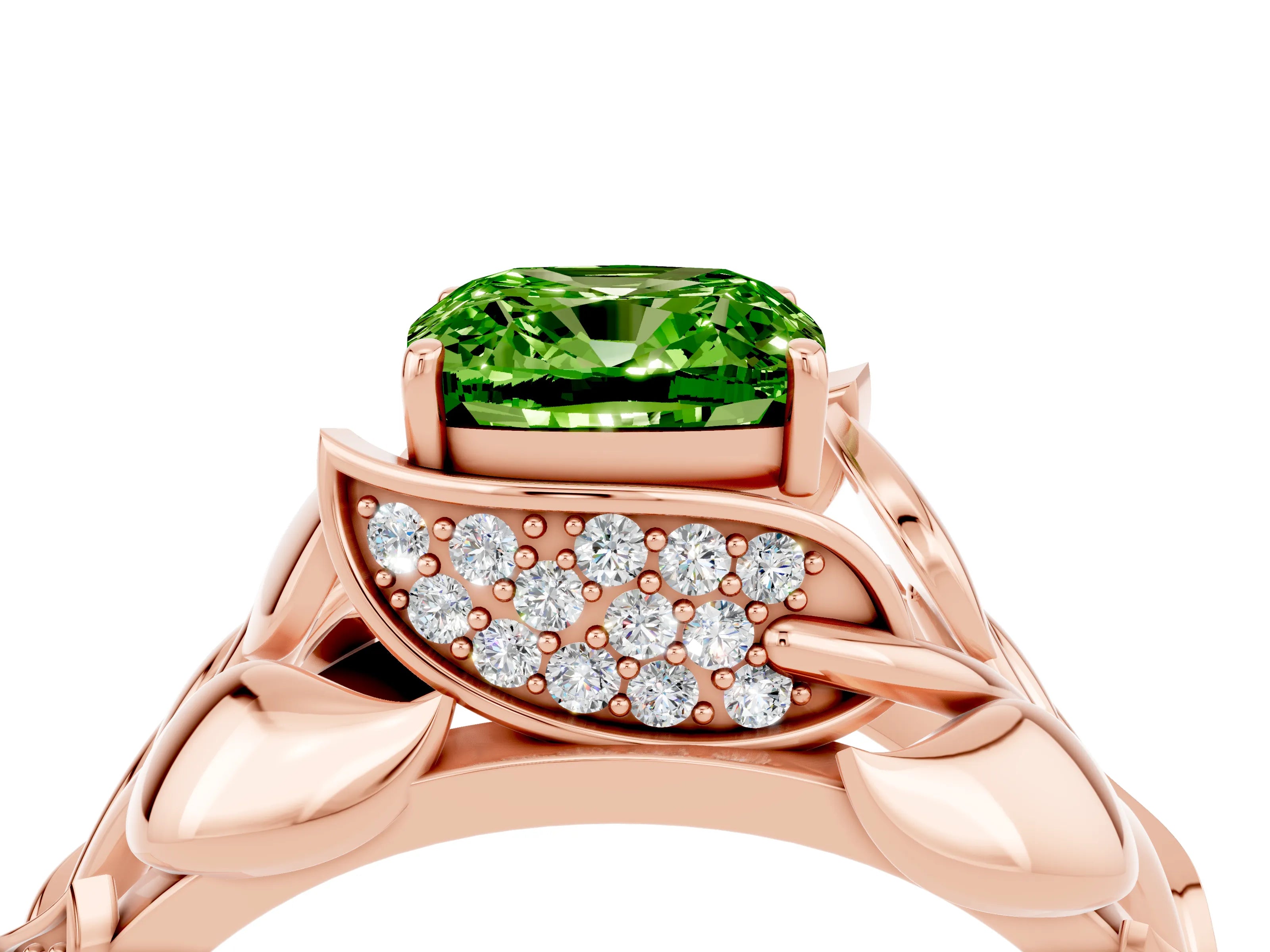 Rose gold Cushion Cut Solitaire Leaf-Inspired Engagement Ring with Prong Setting_4