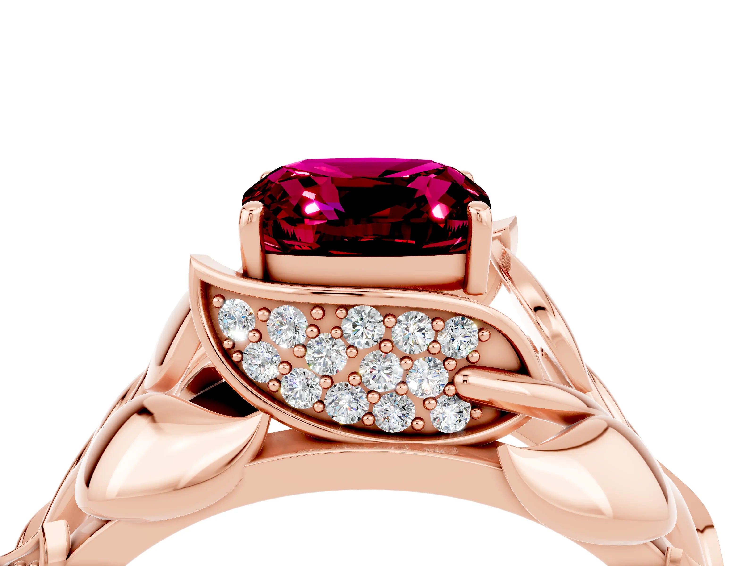 Rose gold Cushion Cut Solitaire Leaf-Inspired Engagement Ring with Prong Setting_4