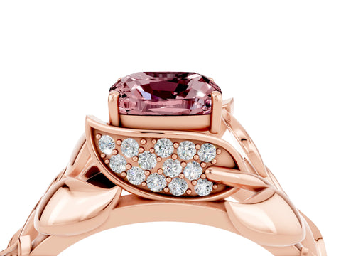 Rose gold Cushion Cut Solitaire Leaf-Inspired Engagement Ring with Prong Setting_4