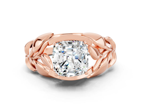 Rose gold Cushion Cut Moissanite Leaf-Inspired Engagement Ring with Round Accents and Prong Setting