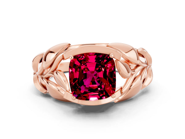 Rose gold Cushion Cut Garnet Leaf-Inspired Engagement Ring with Round Accents and Prong Setting