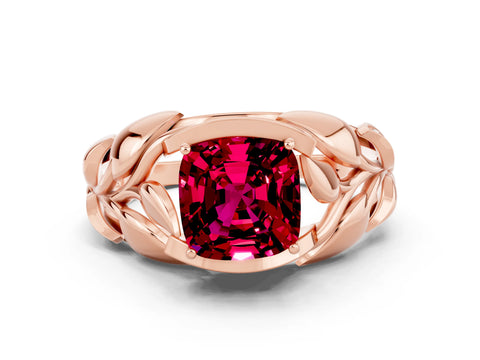Rose gold Cushion Cut Solitaire Leaf-Inspired Engagement Ring with Prong Setting