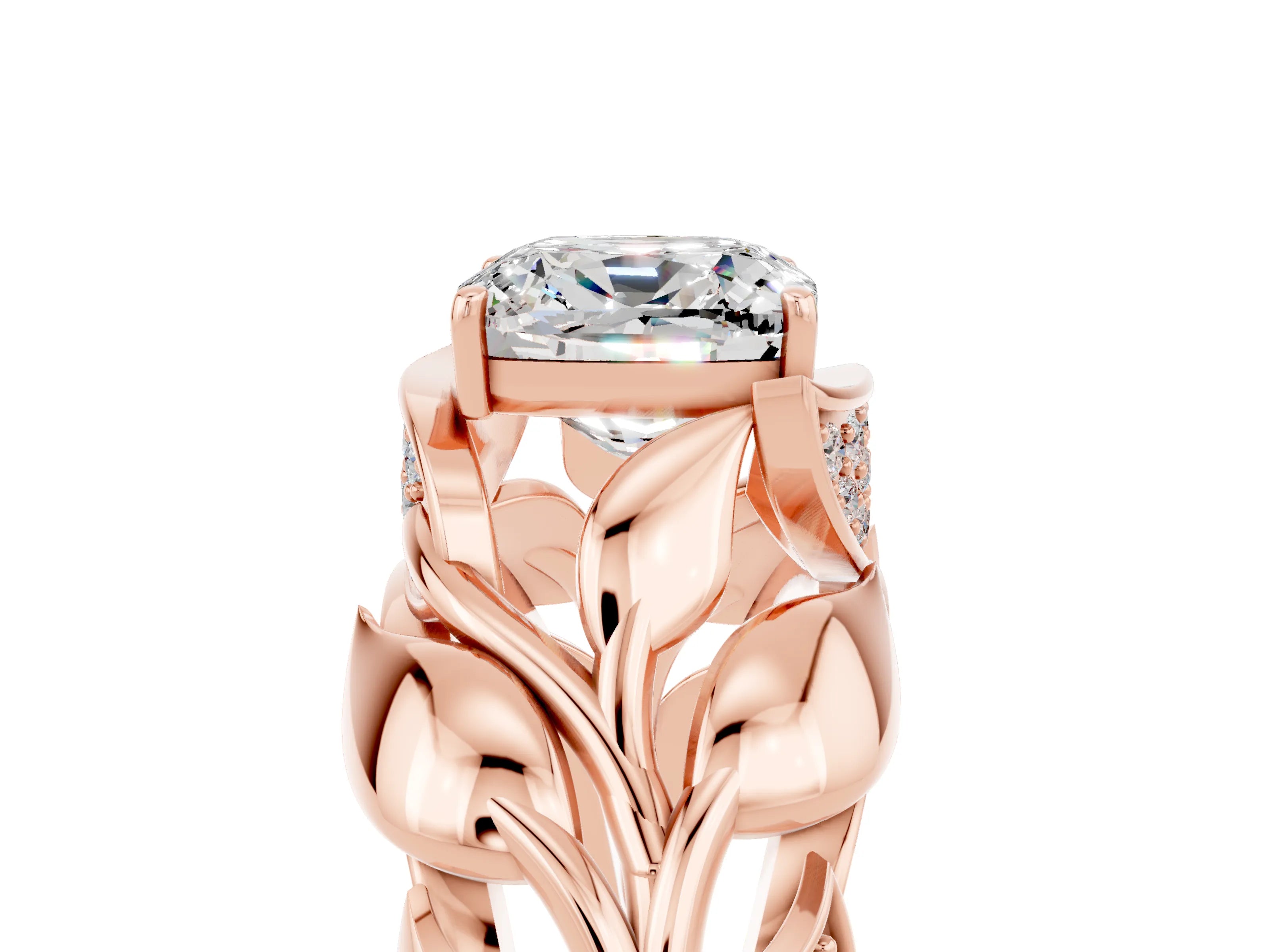 Rose gold Cushion Cut Solitaire Leaf-Inspired Engagement Ring with Prong Setting_5