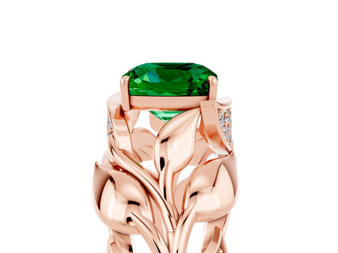 Rose gold Cushion Cut Solitaire Leaf-Inspired Engagement Ring with Prong Setting_5