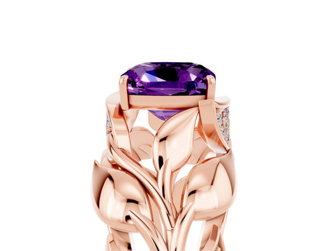Rose gold Cushion Cut Solitaire Leaf-Inspired Engagement Ring with Prong Setting_5