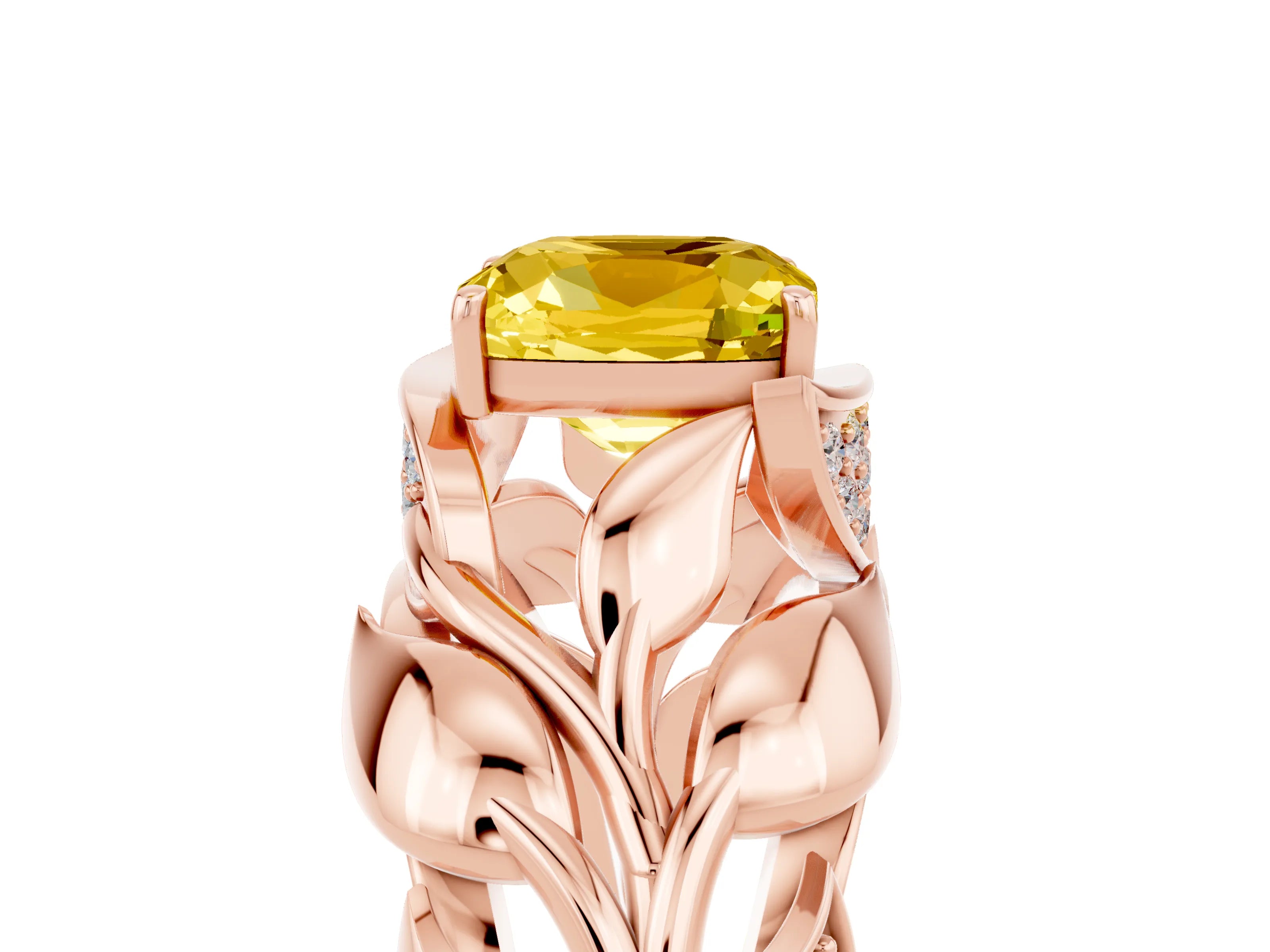 Rose gold Cushion Cut Solitaire Leaf-Inspired Engagement Ring with Prong Setting_5