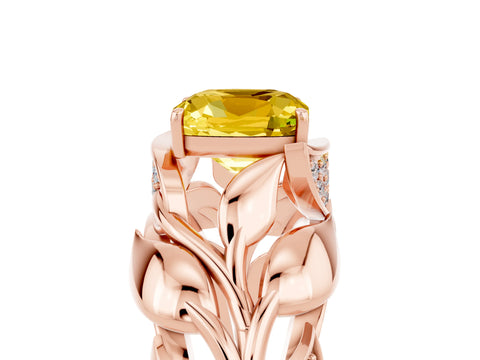 Rose gold Cushion Cut Solitaire Leaf-Inspired Engagement Ring with Prong Setting_5