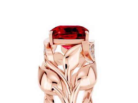 Rose gold Cushion Cut Solitaire Leaf-Inspired Engagement Ring with Prong Setting_5