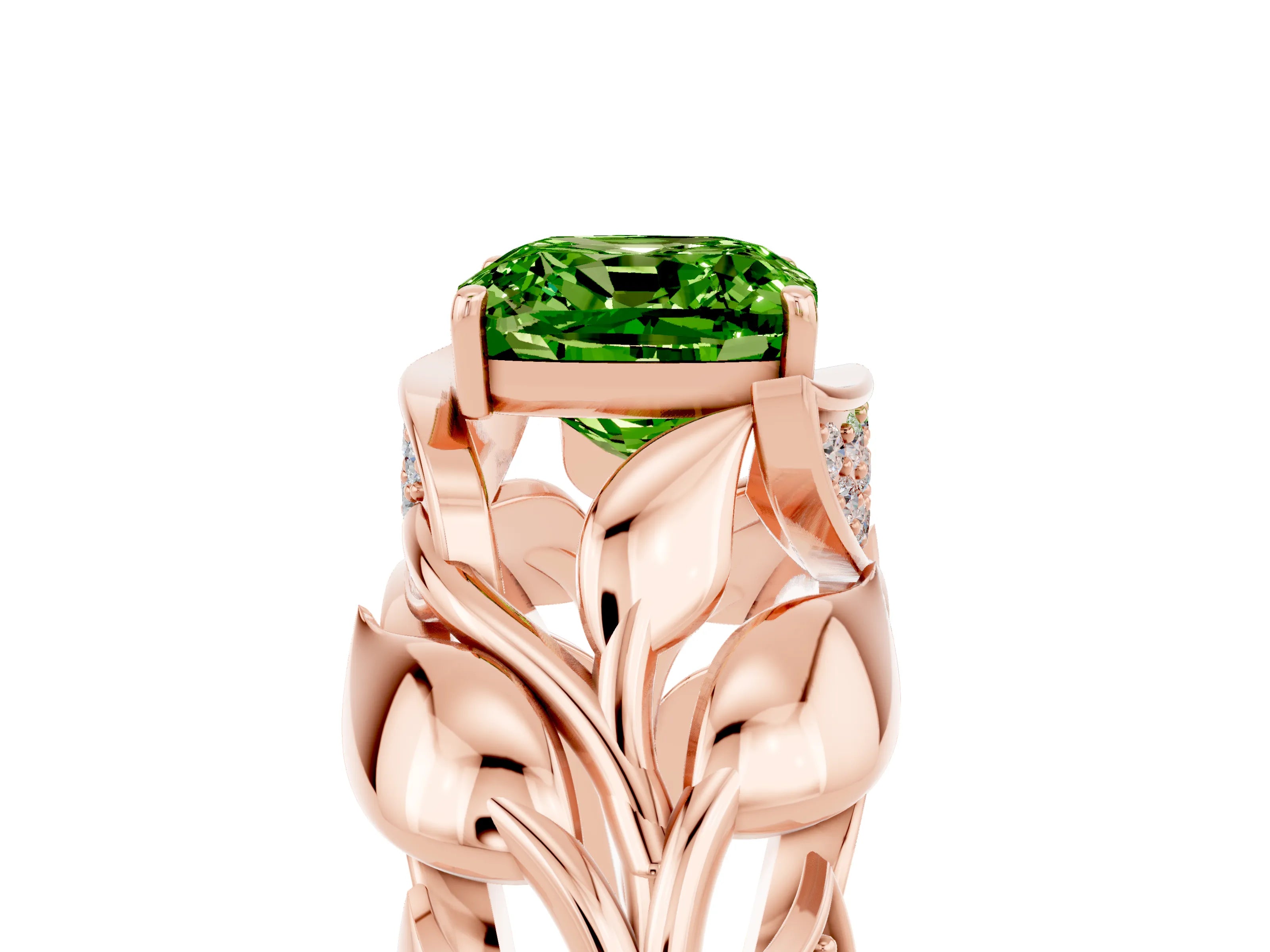 Rose gold Cushion Cut Solitaire Leaf-Inspired Engagement Ring with Prong Setting_5