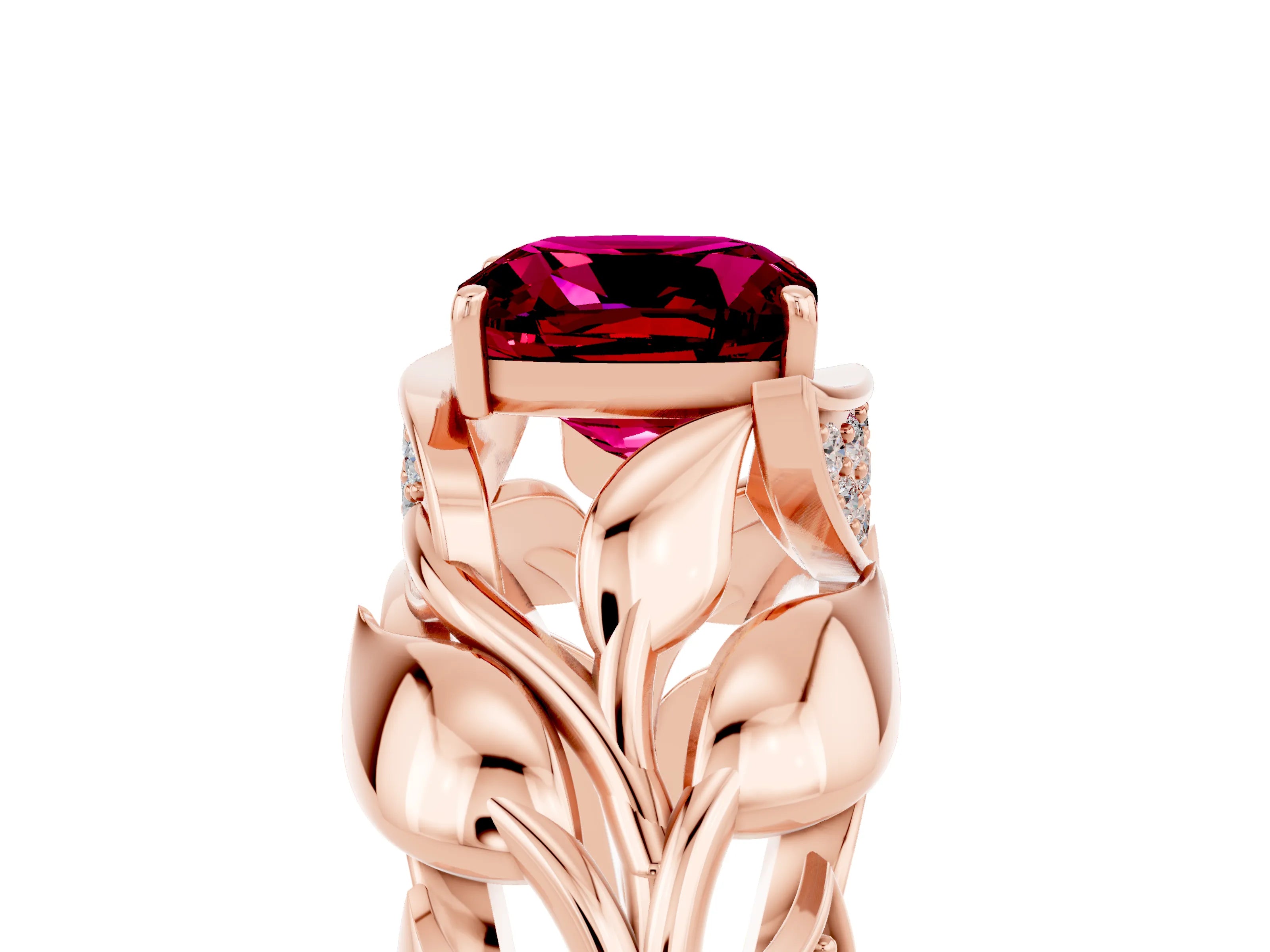 Rose gold Cushion Cut Solitaire Leaf-Inspired Engagement Ring with Prong Setting_5