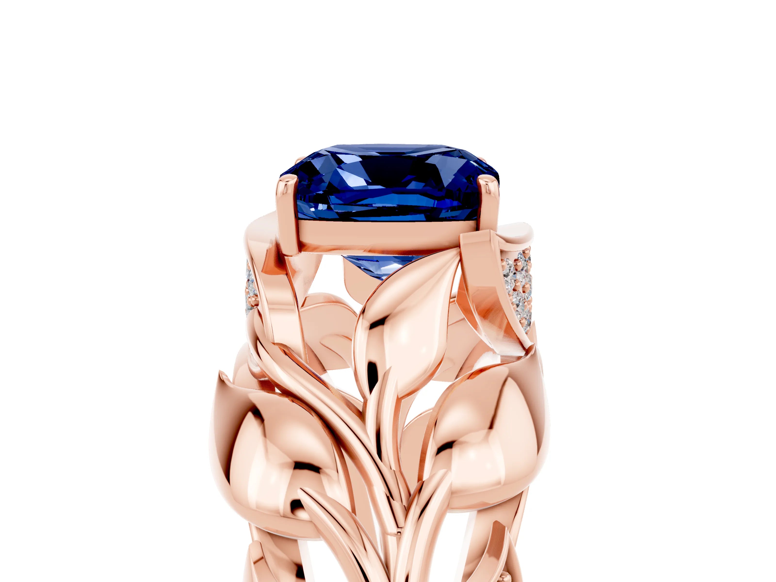 Rose gold Cushion Cut Solitaire Leaf-Inspired Engagement Ring with Prong Setting_5