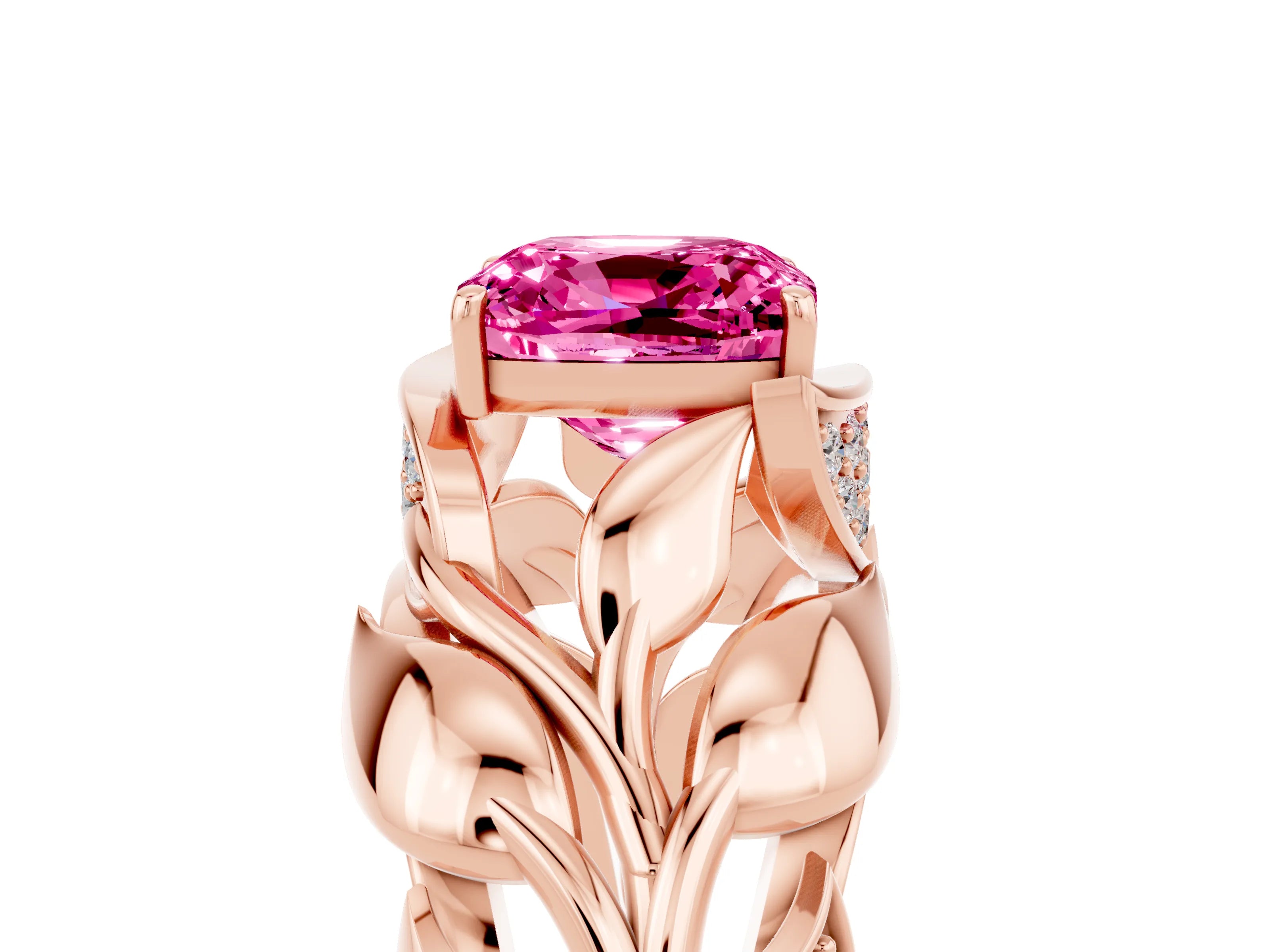 Rose gold Cushion Cut Solitaire Leaf-Inspired Engagement Ring with Prong Setting_5