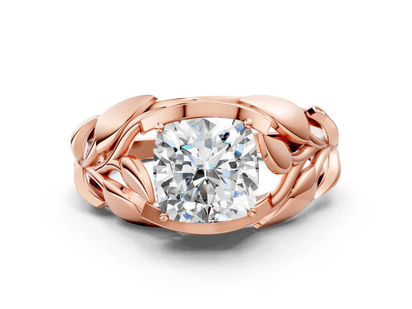 Rose gold Cushion Cut Solitaire Leaf-Inspired Engagement Ring with Prong Setting