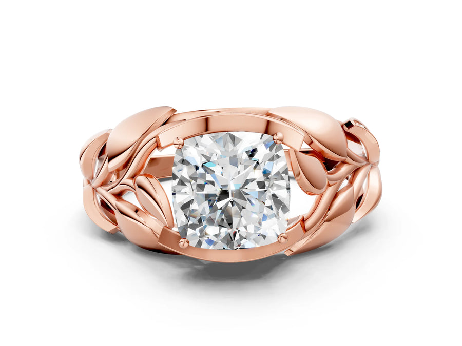 Rose gold Cushion Cut Solitaire Leaf-Inspired Engagement Ring with Prong Setting