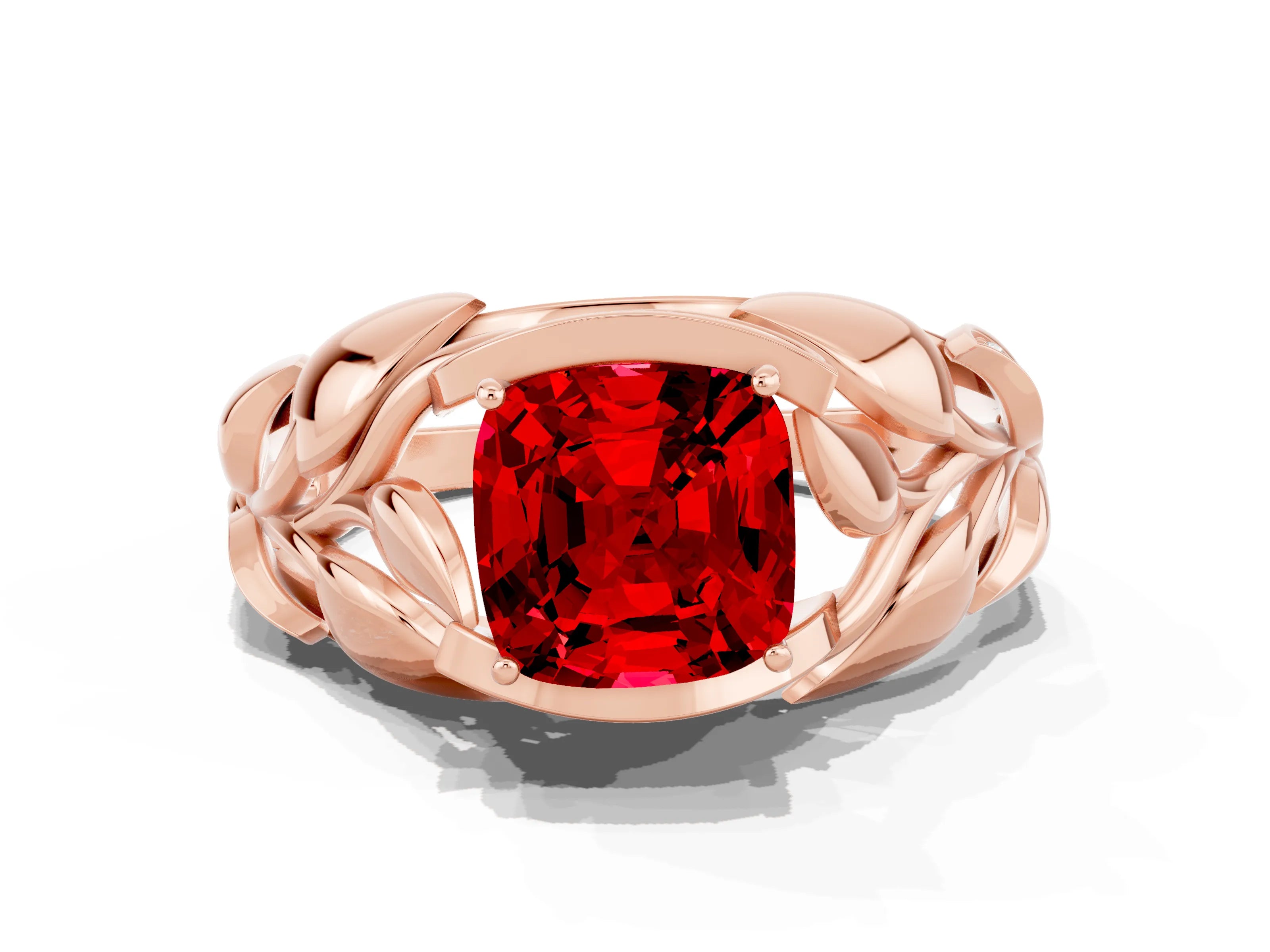 Rose gold Cushion Cut Solitaire Leaf-Inspired Engagement Ring with Prong Setting