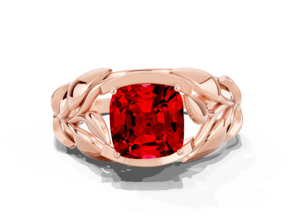 Rose gold Cushion Cut Ruby Leaf-Inspired Engagement Ring with Round Accents and Prong Setting