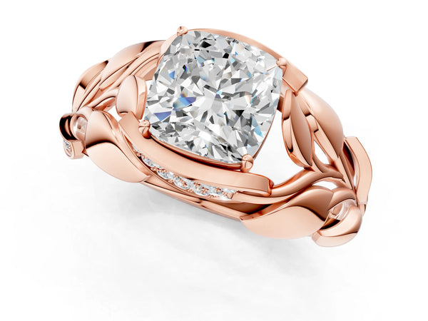 Rose gold Cushion Cut Solitaire Leaf-Inspired Engagement Ring with Prong Setting