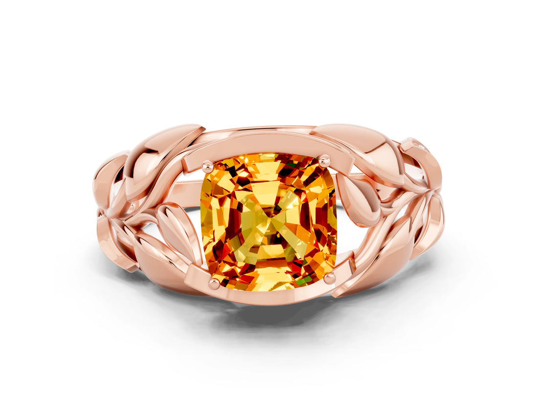 Rose gold Cushion Cut Solitaire Leaf-Inspired Engagement Ring with Prong Setting