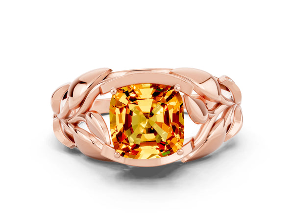 Rose gold Cushion Cut Citrine Leaf-Inspired Engagement Ring with Round Accents and Prong Setting