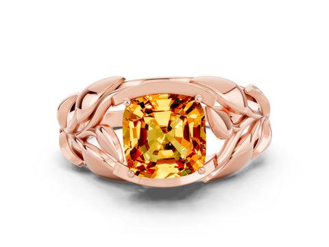 Rose gold Cushion Cut Solitaire Leaf-Inspired Engagement Ring with Prong Setting