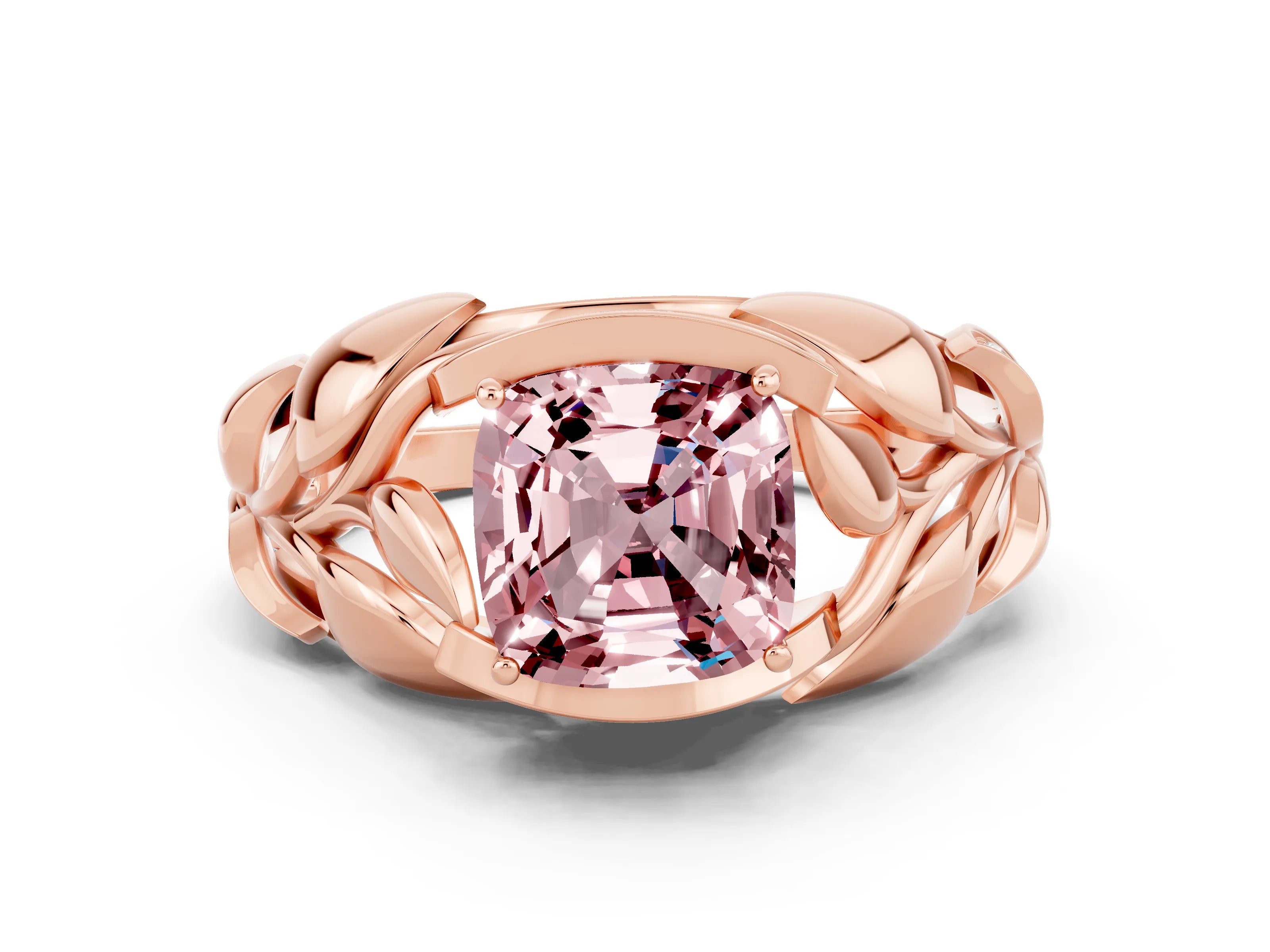 Rose gold Cushion Cut Solitaire Leaf-Inspired Engagement Ring with Prong Setting