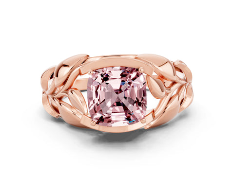 Rose gold Cushion Cut Solitaire Leaf-Inspired Engagement Ring with Prong Setting