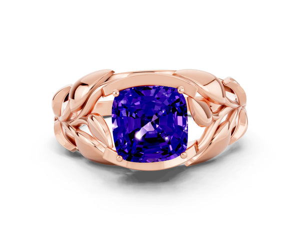 Rose gold Cushion Cut Tanzanite Leaf-Inspired Engagement Ring with Round Accents and Prong Setting