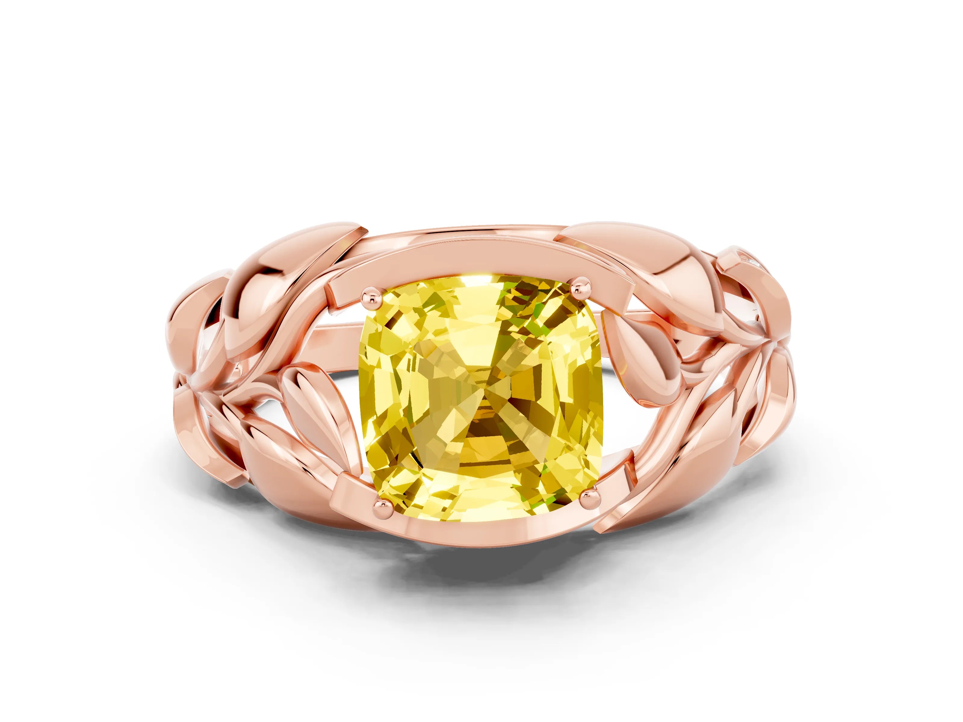 Rose gold Cushion Cut Solitaire Leaf-Inspired Engagement Ring with Prong Setting