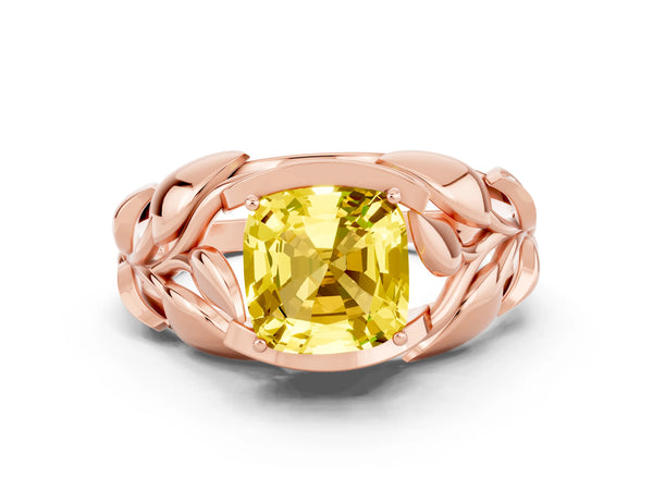 Rose gold Cushion Cut Yellow Sapphire Leaf-Inspired Engagement Ring with Round Accents and Prong Setting
