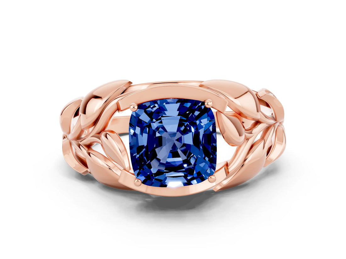 Rose gold Cushion Cut Solitaire Leaf-Inspired Engagement Ring with Prong Setting