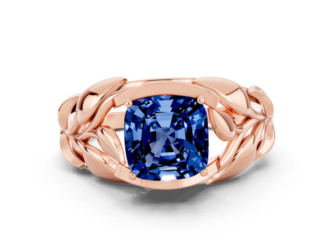 Rose gold Cushion Cut Solitaire Leaf-Inspired Engagement Ring with Prong Setting