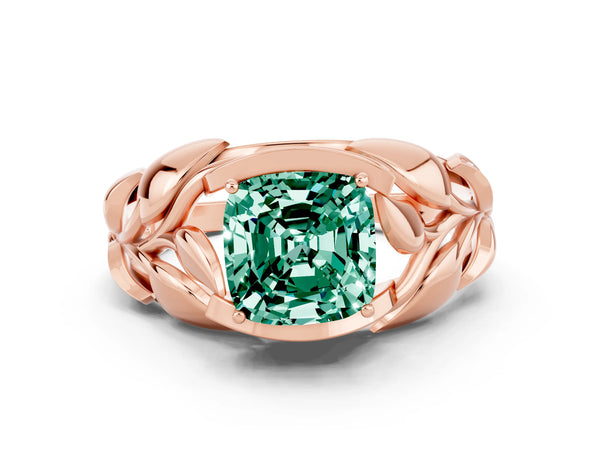 Rose gold Cushion Cut Green Sapphire Leaf-Inspired Engagement Ring with Round Accents and Prong Setting