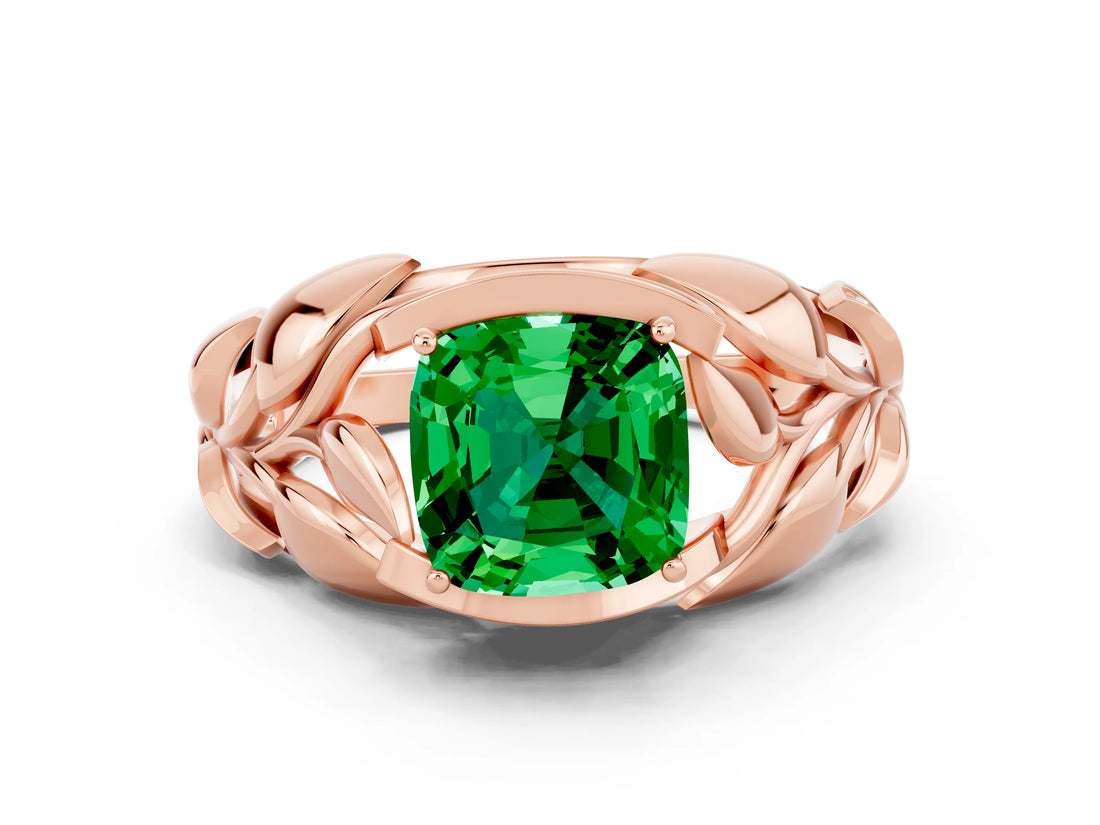 Rose gold Cushion Cut Solitaire Leaf-Inspired Engagement Ring with Prong Setting