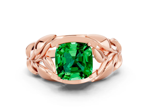 Rose gold Cushion Cut Emerald Leaf-Inspired Engagement Ring with Round Accents and Prong Setting