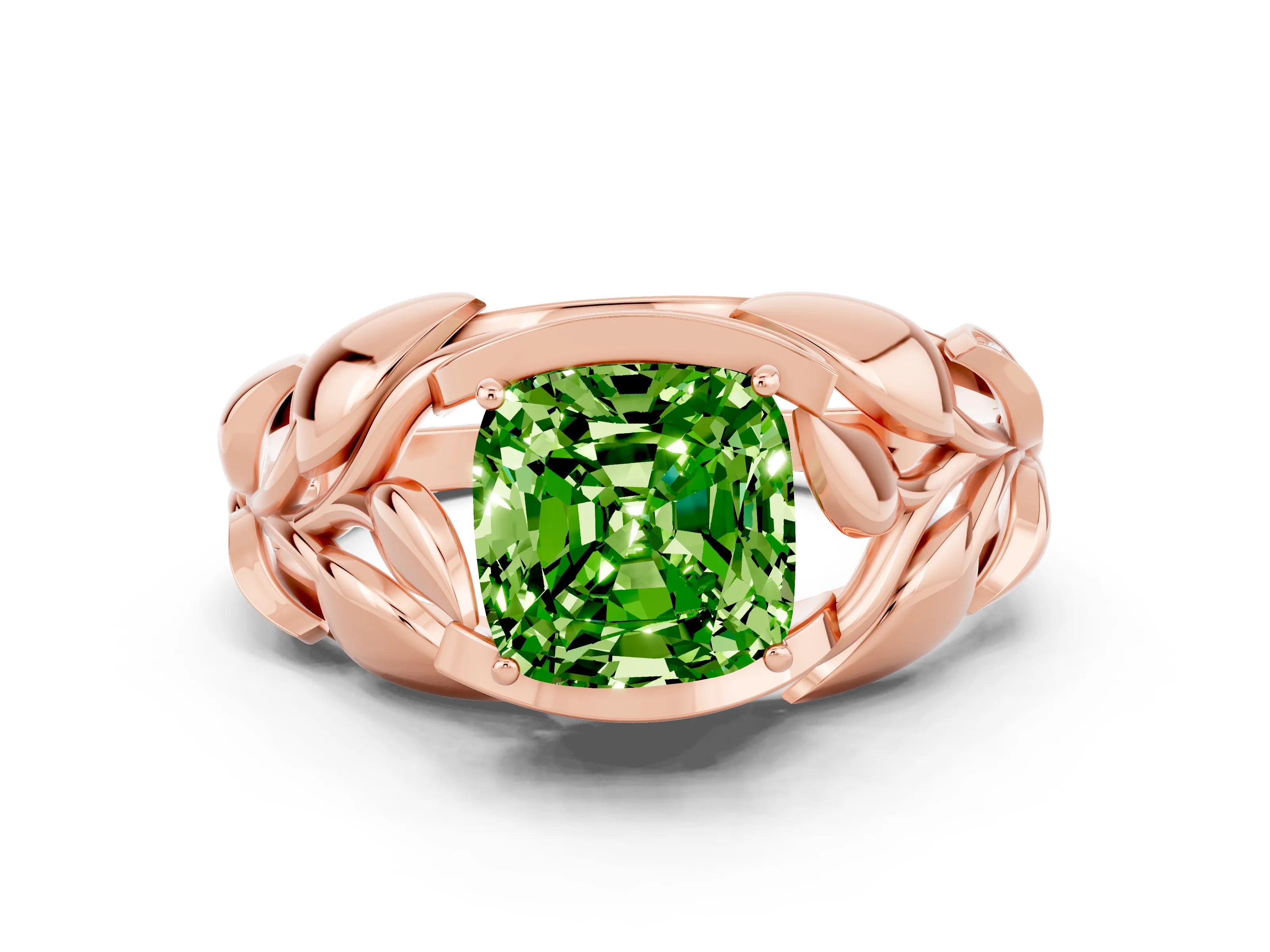 Rose gold Cushion Cut Solitaire Leaf-Inspired Engagement Ring with Prong Setting