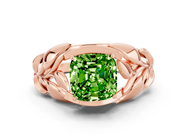 Rose gold Cushion Cut Solitaire Leaf-Inspired Engagement Ring with Prong Setting