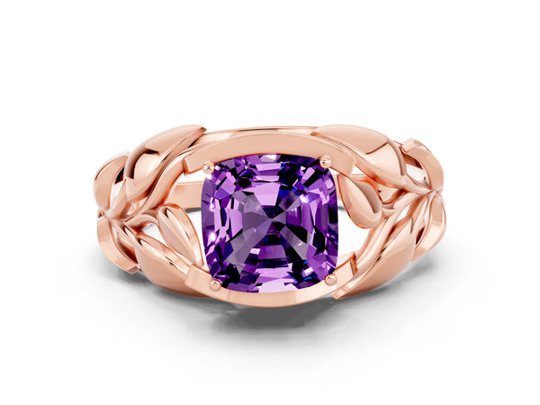 Rose gold Cushion Cut Amethyst Leaf-Inspired Engagement Ring with Round Accents and Prong Setting