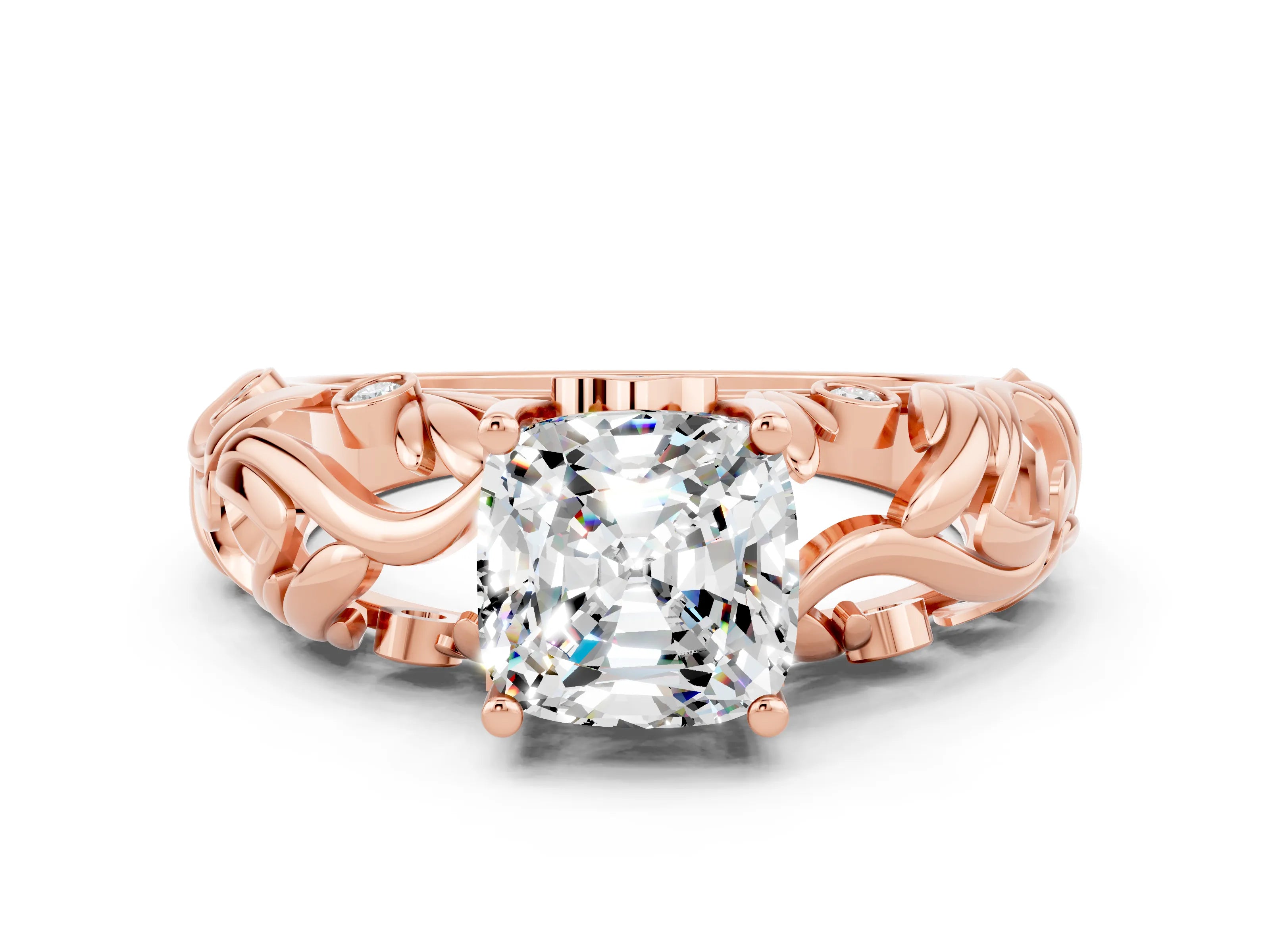 Rose gold Cushion Cut Solitaire Moissanite Leaf-Inspired Vine Band Ring with Prong Setting