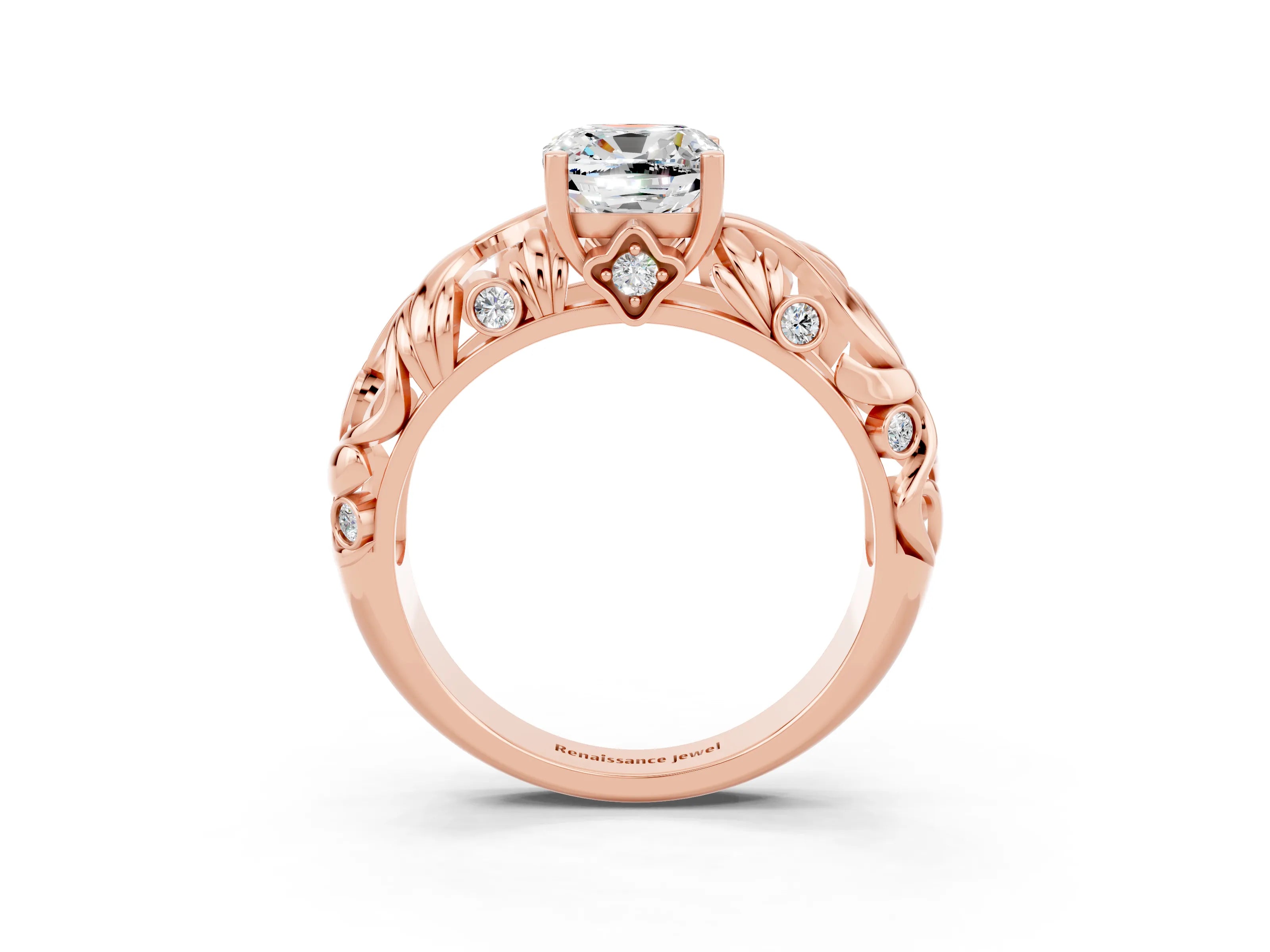 Rose gold Cushion Cut Solitaire Moissanite Leaf-Inspired Vine Band Ring with Prong Setting_3