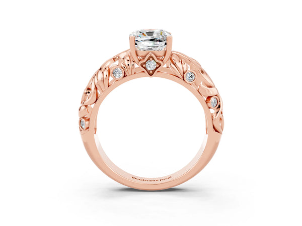 Rose gold Cushion Cut Solitaire Moissanite Leaf-Inspired Vine Band Ring with Prong Setting