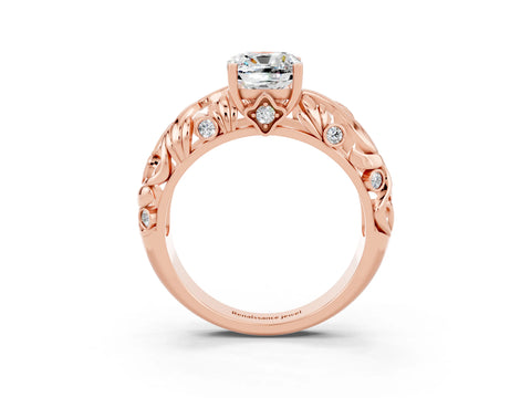 Rose gold Cushion Cut Solitaire Moissanite Leaf-Inspired Vine Band Ring with Prong Setting_3