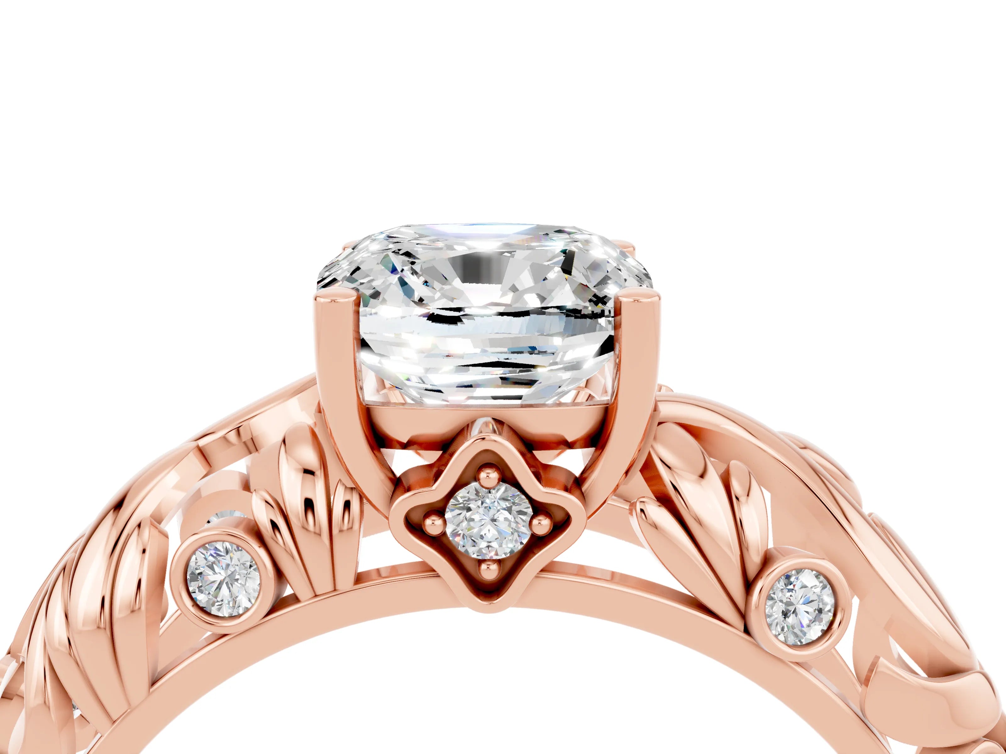Rose gold Cushion Cut Solitaire Moissanite Leaf-Inspired Vine Band Ring with Prong Setting_4