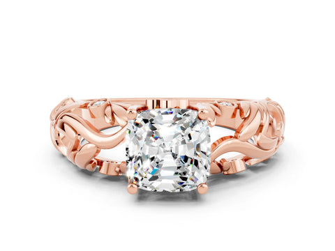 Rose gold Cushion Cut Solitaire Moissanite Leaf-Inspired Vine Band Ring with Prong Setting