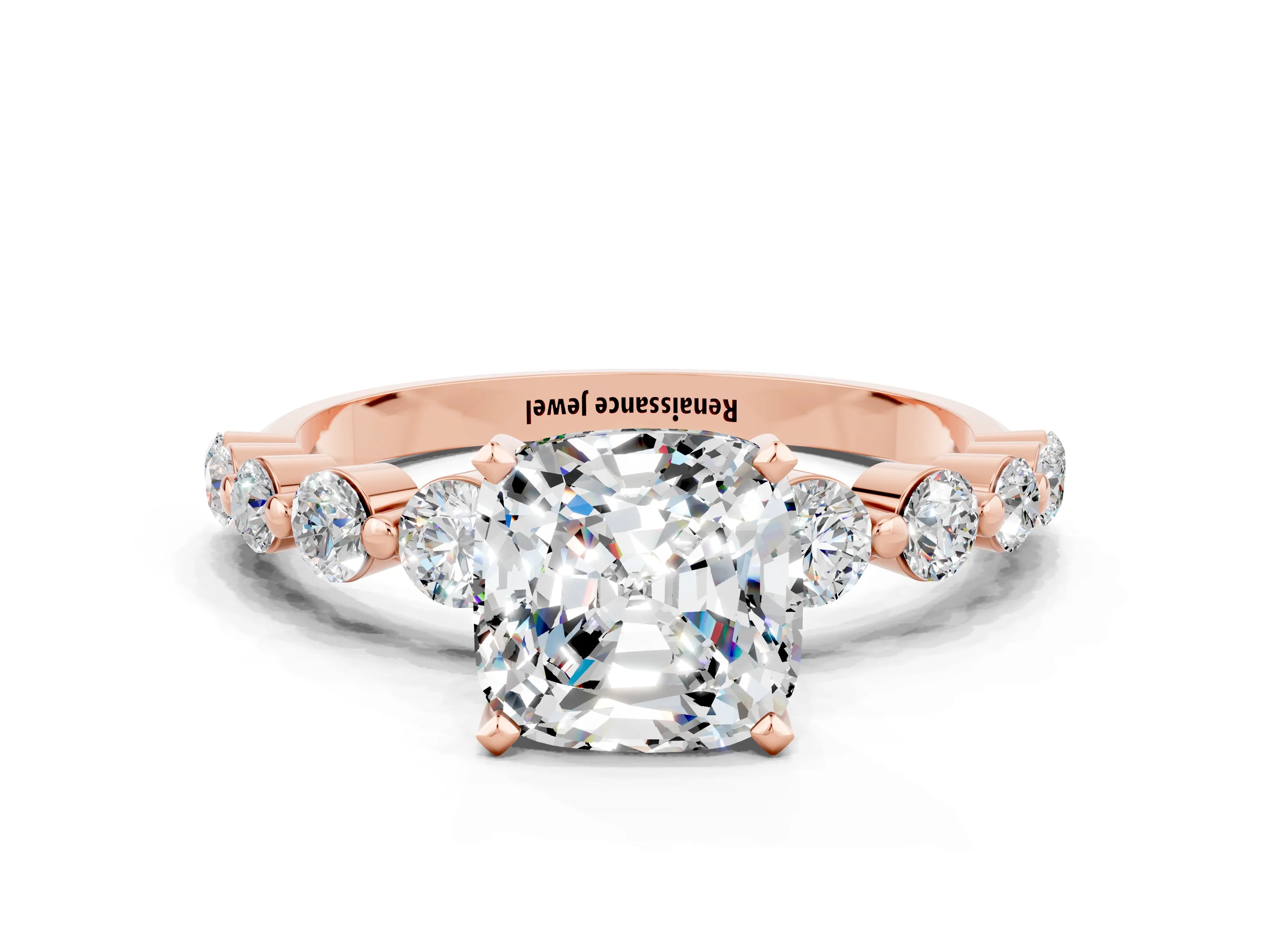 Rose gold Cushion Cut Solitaire Moissanite Ring with Pave Band and Four-Prong Setting
