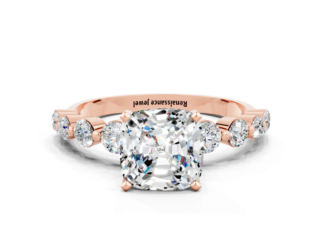 Rose gold Cushion Cut Solitaire Moissanite Ring with Pave Band and Four-Prong Setting