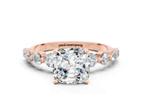 Rose gold Cushion Cut Solitaire Moissanite Ring with Pave Band and Four-Prong Setting