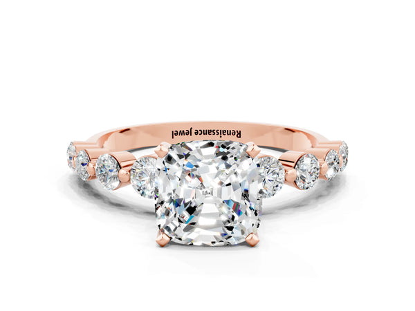 Rose gold Cushion Cut Solitaire Moissanite Ring with Pave Band and Four-Prong Setting
